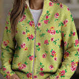 Grethe | Zip Cardigan med Rosa och Limegröna Blommor