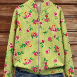 Grethe | Zip Cardigan med Rosa och Limegröna Blommor